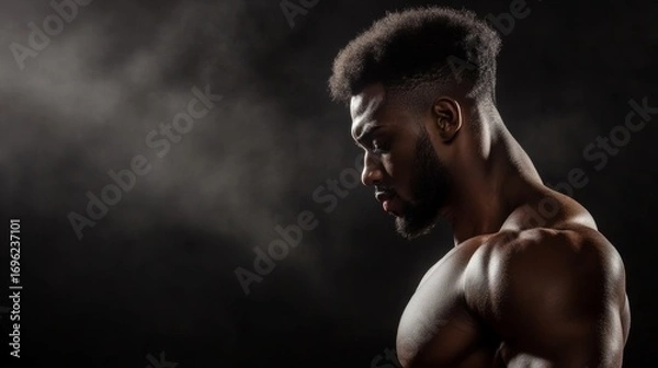 Fototapeta Dynamic fitness portrait of a muscular athlete studio setting professional photography dark background close-up view strength and resilience concept