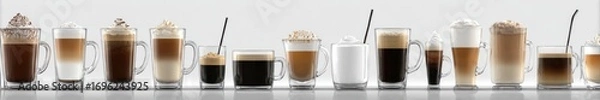 Fototapeta Many glass cups of coffee drinks, including lattes, cappuccinos, and espressos, lined up against a plain background