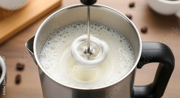 Fototapeta Creating frothed milk with electric whisk in a sleek steel container