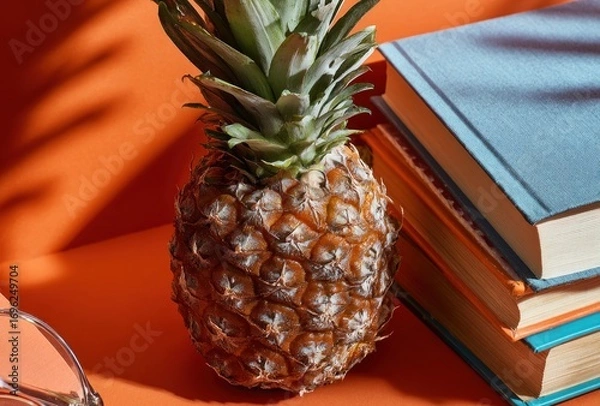 Obraz Pineapple and books atop a bright orange surface with a shadow of fronds, creating a whimsical, artistic still life composition