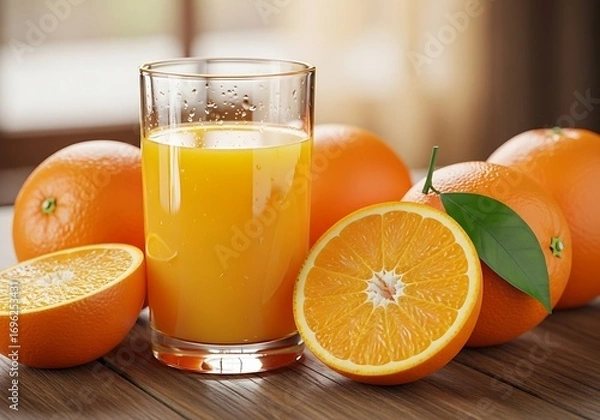 Fototapeta Refreshing orange juice and fresh oranges on a wooden table top
