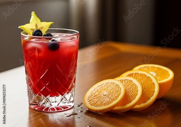 Fototapeta Refreshing ruby cocktail adorned with starfruit and blueberry garnish