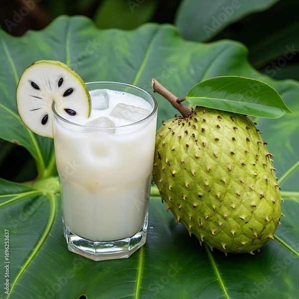Fototapeta Refreshing soursop drink with ice cubes, tropical delight experience