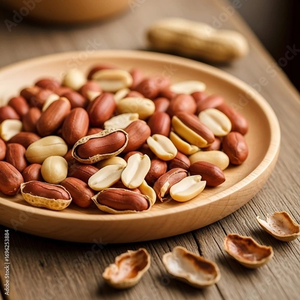 Fototapeta Rustic peanut display on wooden plate with scattered shells aroma