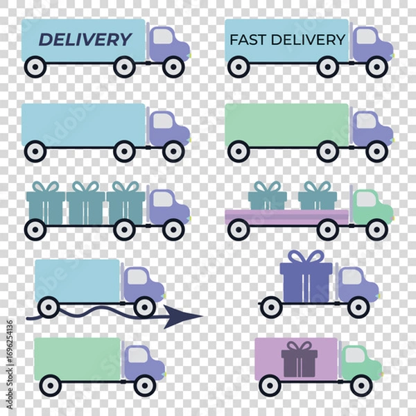 Fototapeta Flat vector set of delivery trucks. Includes cargo transport, courier service, express shipping, and holiday gift delivery. Perfect for logistics, e-commerce, and business design.