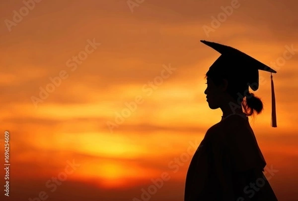 Fototapeta Silhouetted graduate stands against a fiery sunset sky, graduation cap atop head, symbolizing achievement, education, and the dawn of a new chapter