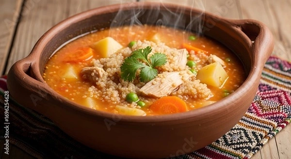 Fototapeta Rustic quinoa and chicken stew served in a terracotta bowl steaming hot