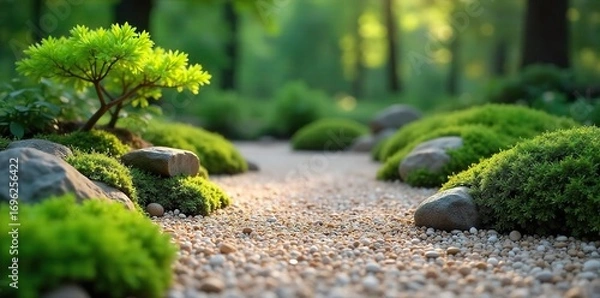 Fototapeta Serene zen garden scene; raked gravel, carefully placed rocks, and lush green moss create a peaceful atmosphere perfect for meditation and mindfulness , grey, calm