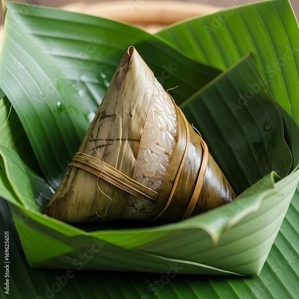 Fototapeta Traditional zongzi delicacy wrapped in fragrant banana leaves ready to eat