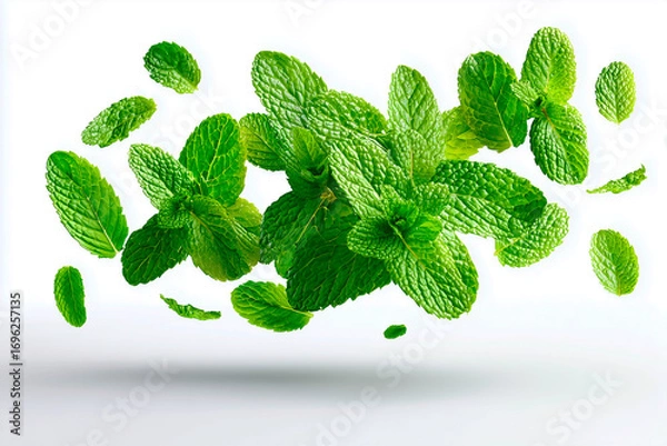 Obraz Green mint leaves on white background 