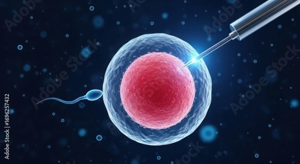 Fototapeta Microscopic view of sperm fertilizing an egg with a needle
