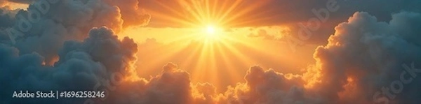 Fototapeta Dynamic sunbeams bursting through gaps in clouds, illuminating a landscape with radiant, golden light Perfect for themes of hope, nature, and new beginnings , sunrise, light rays