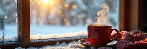 Fototapeta Cozy winter scene with a steaming mug near a snow-covered window, offering a warm and inviting atmosphere perfect for a chilly day Sunlight streams through the frost , snow, scene
