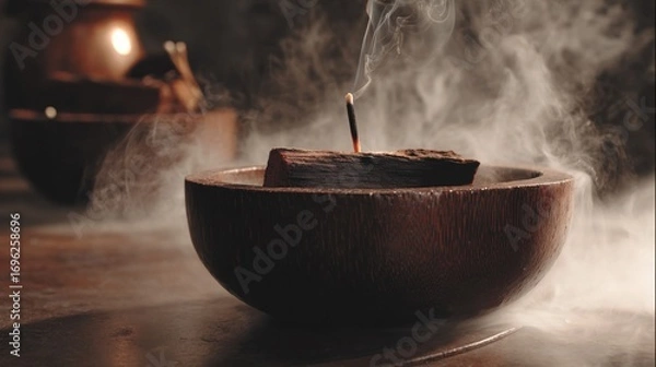 Fototapeta Smoking incense sits in a wooden bowl. Soft, diffused light and blurry background create an atmospheric mood