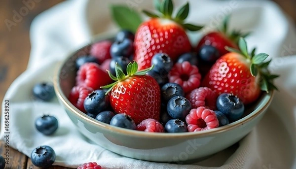 Fototapeta Fresh mixed berries in a bowl on wooden table with copy space
