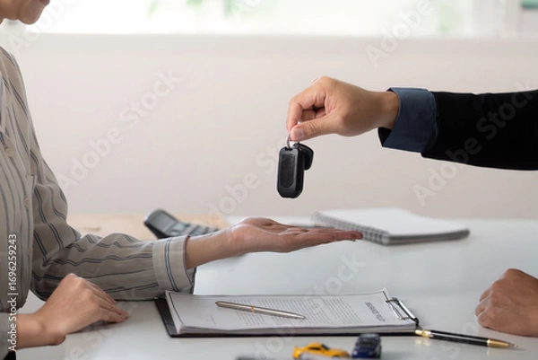 Fototapeta Car Dealership. Handing over car keys to a customer during a vehicle purchase.