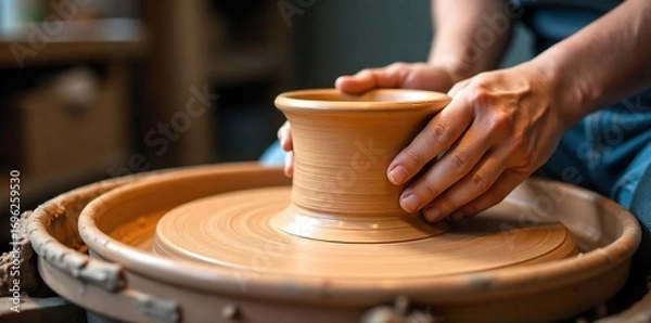 Fototapeta Close-up view of a potter's wheel in action, clay being shaped and molded into a beautiful form  The spinning wheel and wet clay are beautifully highlighted  ,  clay art,  handmade pottery,  molding