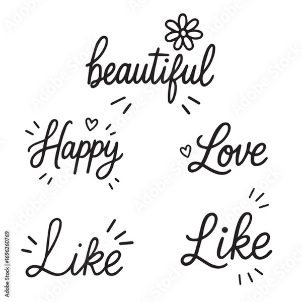 Fototapeta A cheerful vector illustration with inspirational words like beautiful, happy, love and like. The black and white design with hand-drawn elements is perfect for positive and inspirational projects. 