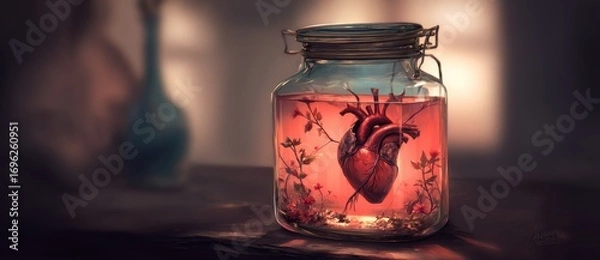 Obraz Heart enclosed in a jar, liquid-filled, surrounded by small flowers, resting on a dark surface. Soft light illuminates the scene