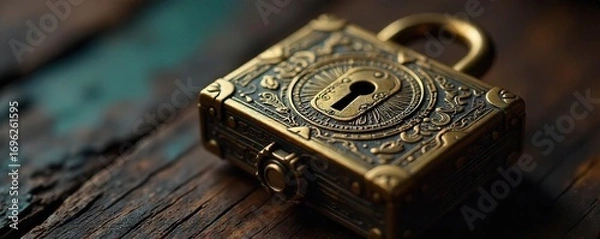 Fototapeta Intricate antique brass lock with hidden mechanisms, a mysterious and complex puzzle box, perfect for adventure or escape room themes , old lock, adventure game