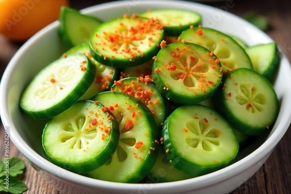 Fototapeta Close-up shot of vibrant green cucumbers sliced and generously sprinkled with a medley of colorful spices, ready to be served as a refreshing appetizer or side dish , tangy, snack