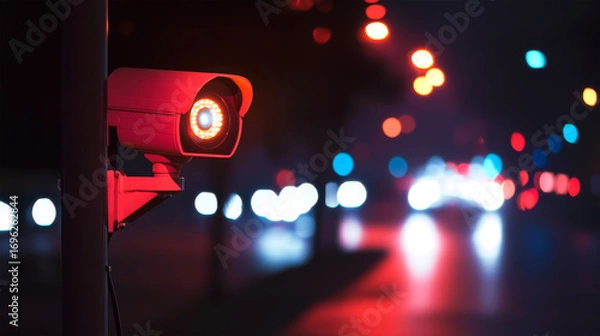 Obraz Red surveillance camera monitoring in dark urban night scene
