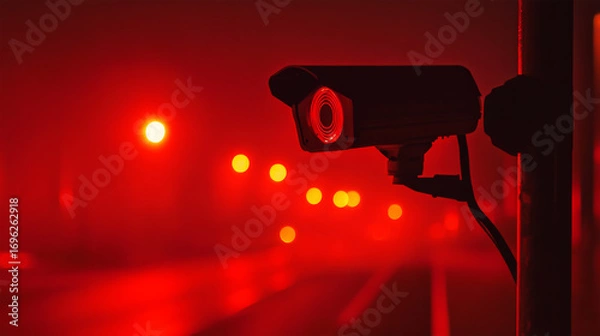 Obraz Red surveillance camera monitoring in dark urban night scene
