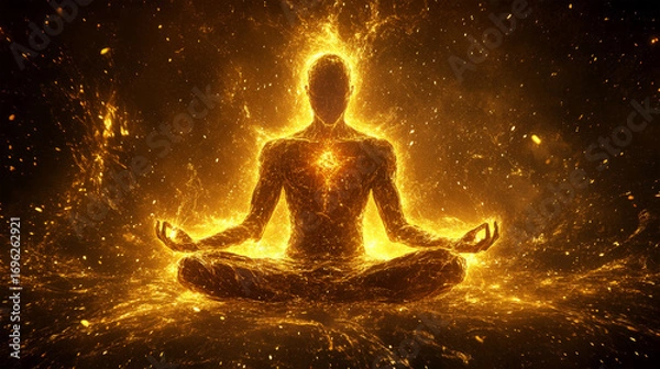 Obraz Spiritual glowing figure meditating in energy explosion
