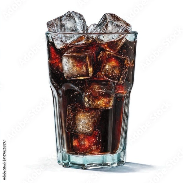 Obraz Tall glass filled with dark soda and clear ice cubes, set against a white background, casting a subtle shadow