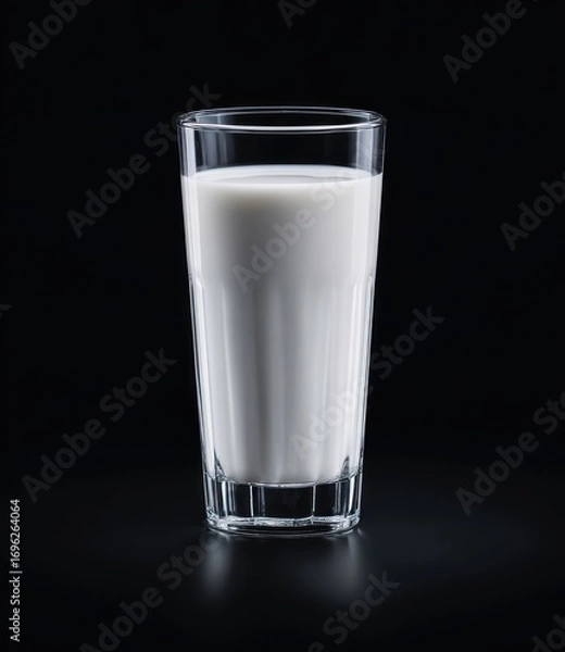Obraz Tall glass filled with white liquid against a stark black background, casting a soft shadow below