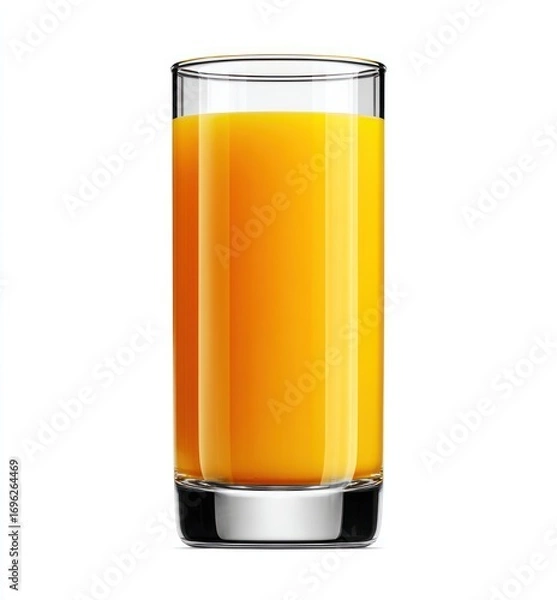 Obraz A tall, clear glass filled with vibrant orange liquid set against a bright, clean white backdrop