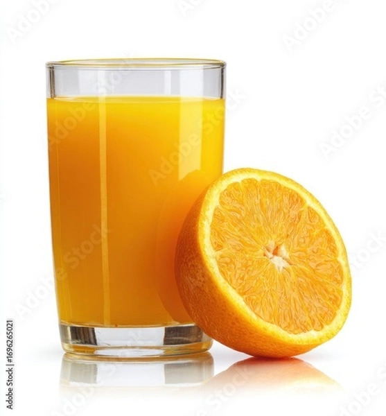 Obraz Refreshing orange juice in a clear glass beside half an orange, isolated against white