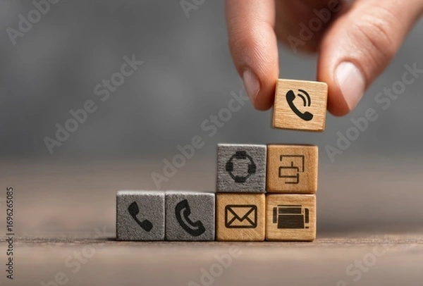 Obraz Hand places block showing phone symbol atop stack of wood blocks, featuring various contact & service icons, on a textured background