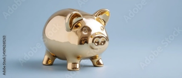 Obraz A golden piggy bank gleams against a smooth blue background, symbolizing wealth and saving