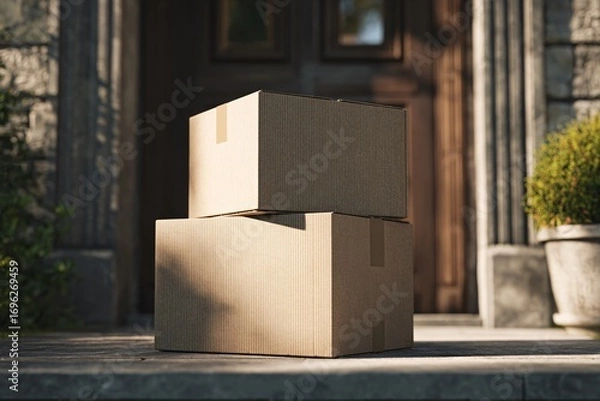 Fototapeta Cardboard Delivery Boxes on Tiled Porch with Plants in Daylight