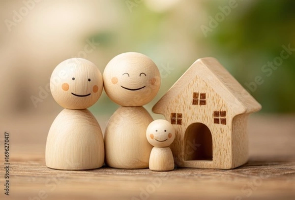 Obraz Wooden figures depict a family of three beside a small wooden house, set on a textured wood surface