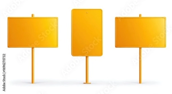 Obraz Three orange blank signs, two horizontal and one vertical, stand on a white surface, casting subtle shadows