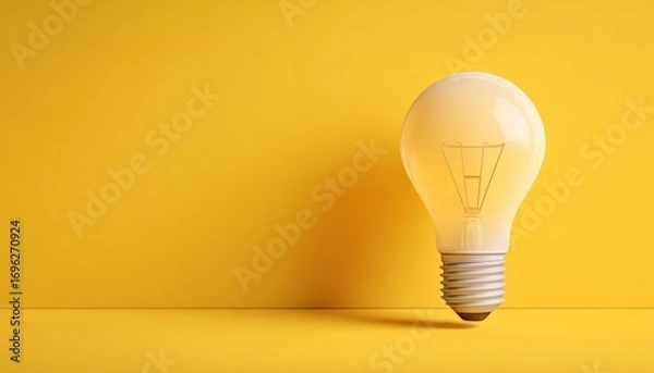 Obraz Illuminated light bulb on a vibrant yellow backdrop with subtle shadows. Representing creativity and innovation with a bright glow
