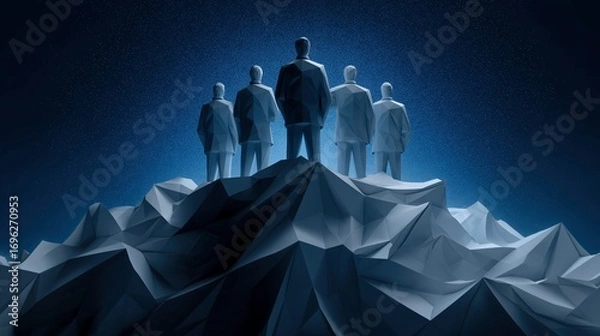 Fototapeta Corporate CEO group standing on mountain summit rear view illustration 3d render. Confident businessmen on hill with polygonal texture cartoon image scene art. Visual storytelling