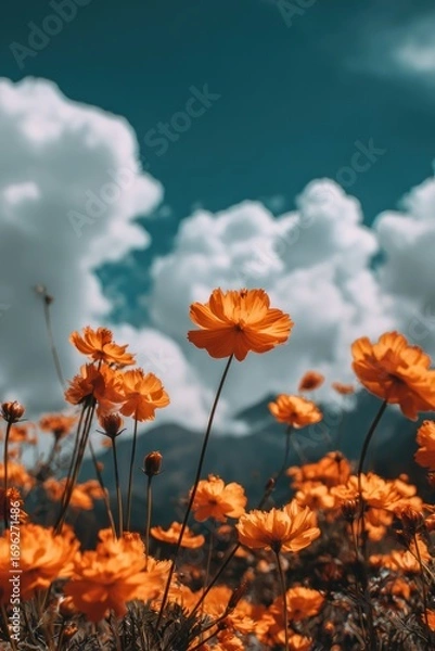 Obraz Close-up of orange cosmos flowers in a field under a bright, partly cloudy sky with distant mountains fading into the horizon