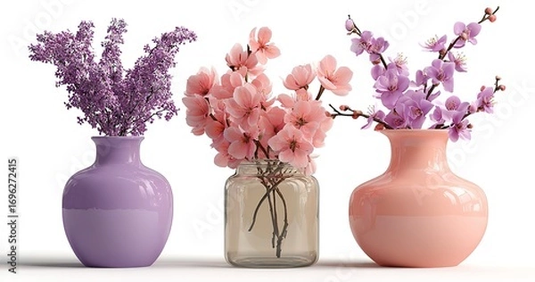 Obraz 3D rendering of three vases with spring flowers in pink, purple, and lilac colors