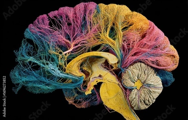 Obraz Colorful, anatomical brain section with flowing nerve structures against a solid black background