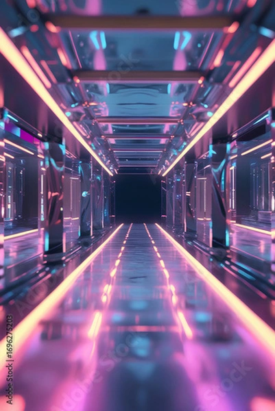 Fototapeta A dazzling futuristic neon corridor with pink and blue lighting.  Perfect for sci-fi backgrounds, gaming, and technology-themed designs.