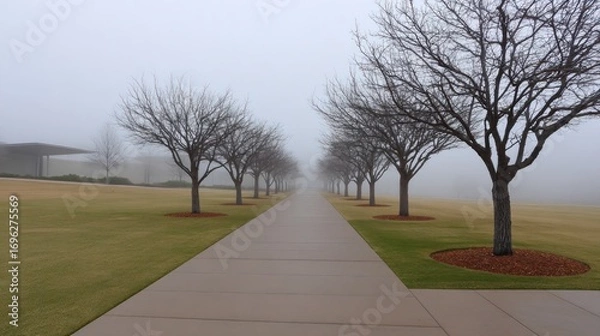 Fototapeta Foggy walkway lined with trees leads into hazy distance, with green lawns flanking the path