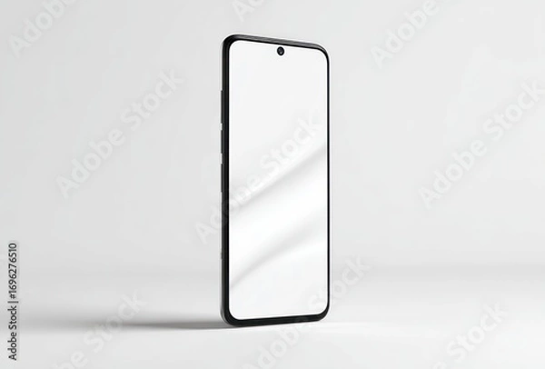 Fototapeta Modern phone with a blank, bright screen is isolated on a light background, angled to the viewer
