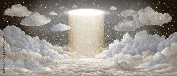 Fototapeta An illustration of clouds and starlight with a beam of light shining through