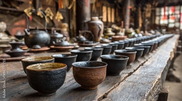 Obraz Rows of small ceramic tea cups on aged wooden table, with teapots and ornate items blurred in the background