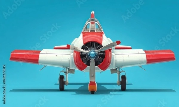 Fototapeta Front view of a toy red-and-white airplane, propeller facing forward, on blue background