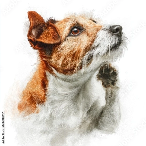 Fototapeta Painting of a Jack Russell Terrier, looking upward with a raised paw on a white background