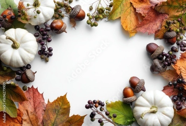 Fototapeta Autumnal still life of acorns, berries, vibrant leaves, and white pumpkins arranged to frame a central white space for text or image overlay